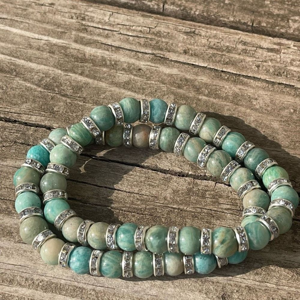 Amazonite ONE stretch bracelet NEW 7.5” rhondelle Amazon stone crystal beaded be